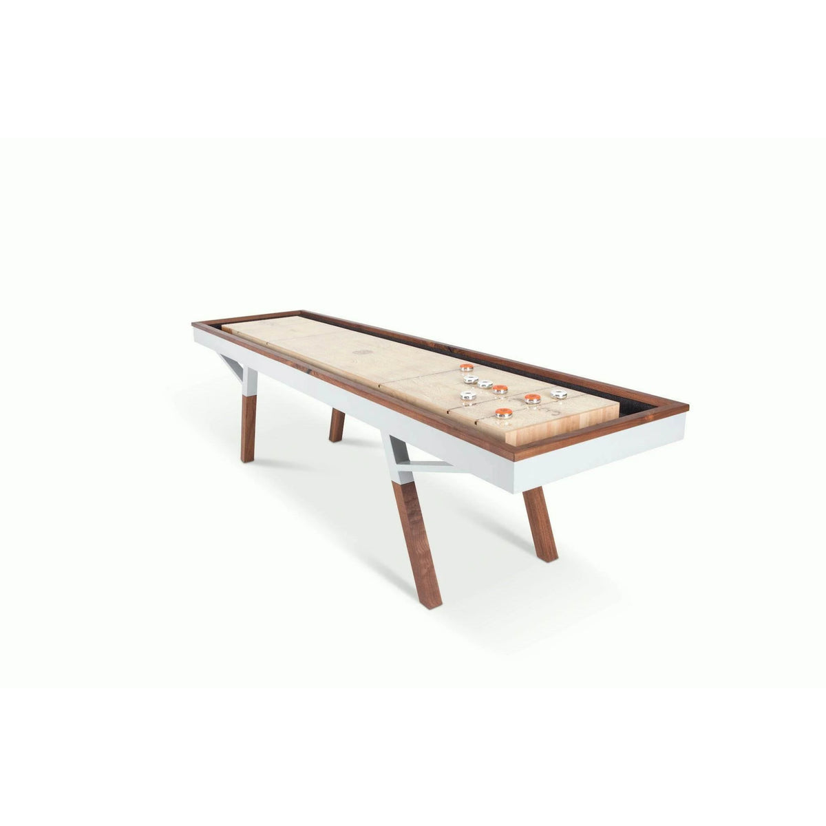 Indoor shuffleboard table with rock maple playing surface close up
