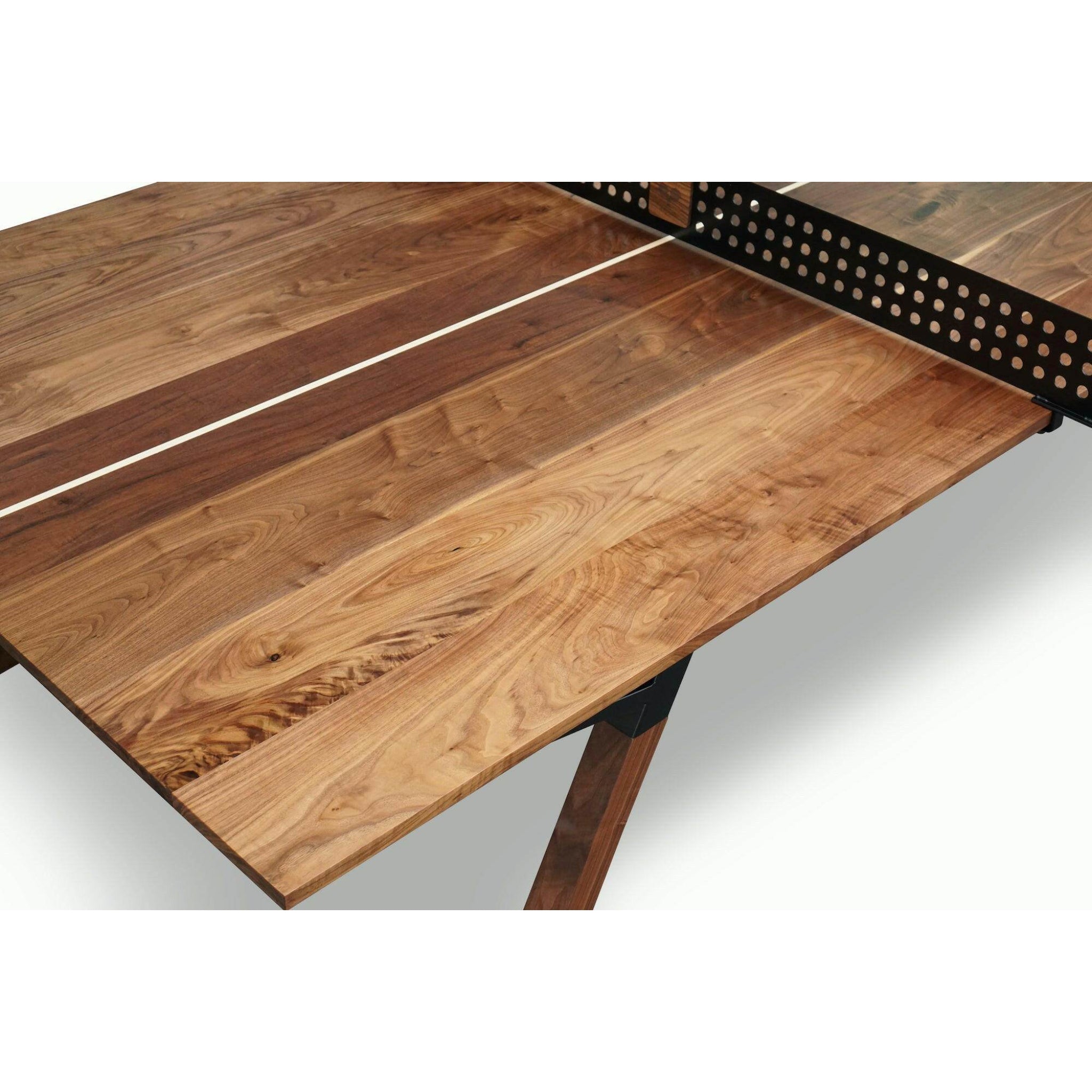 Close up of maple top on Woolsey Indoor Ping Pong Table with metal net and accents