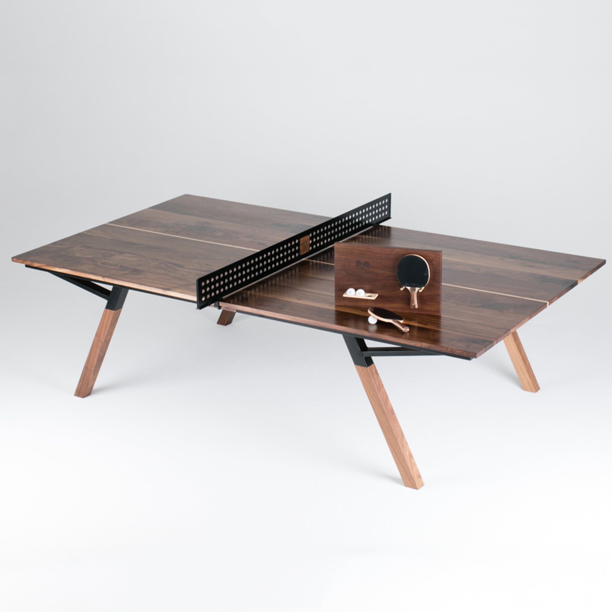 High-end wooden ping pong table in Walnut and black metal