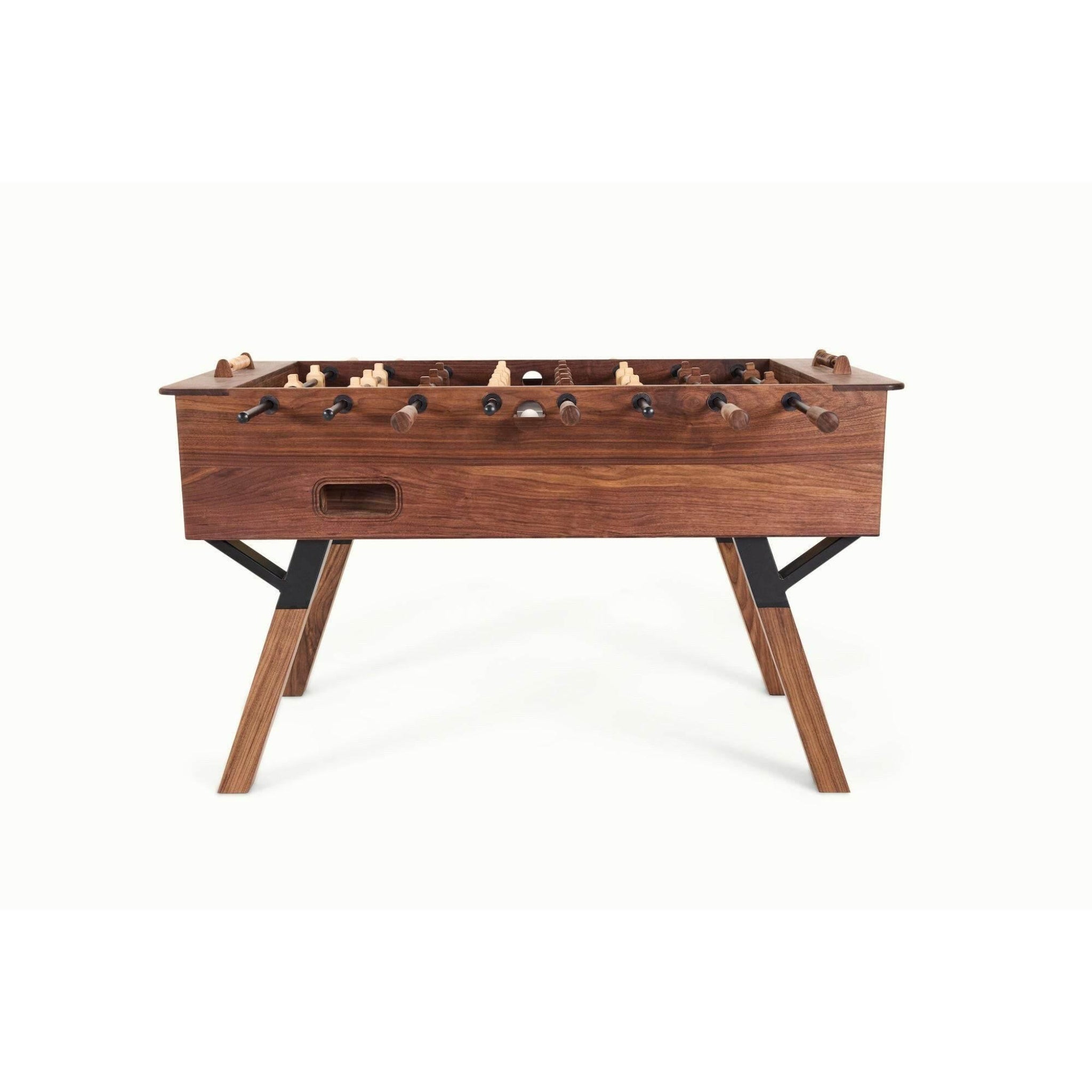 Sean Woolsey modern walnut foosball table with black hammer powder coat legs