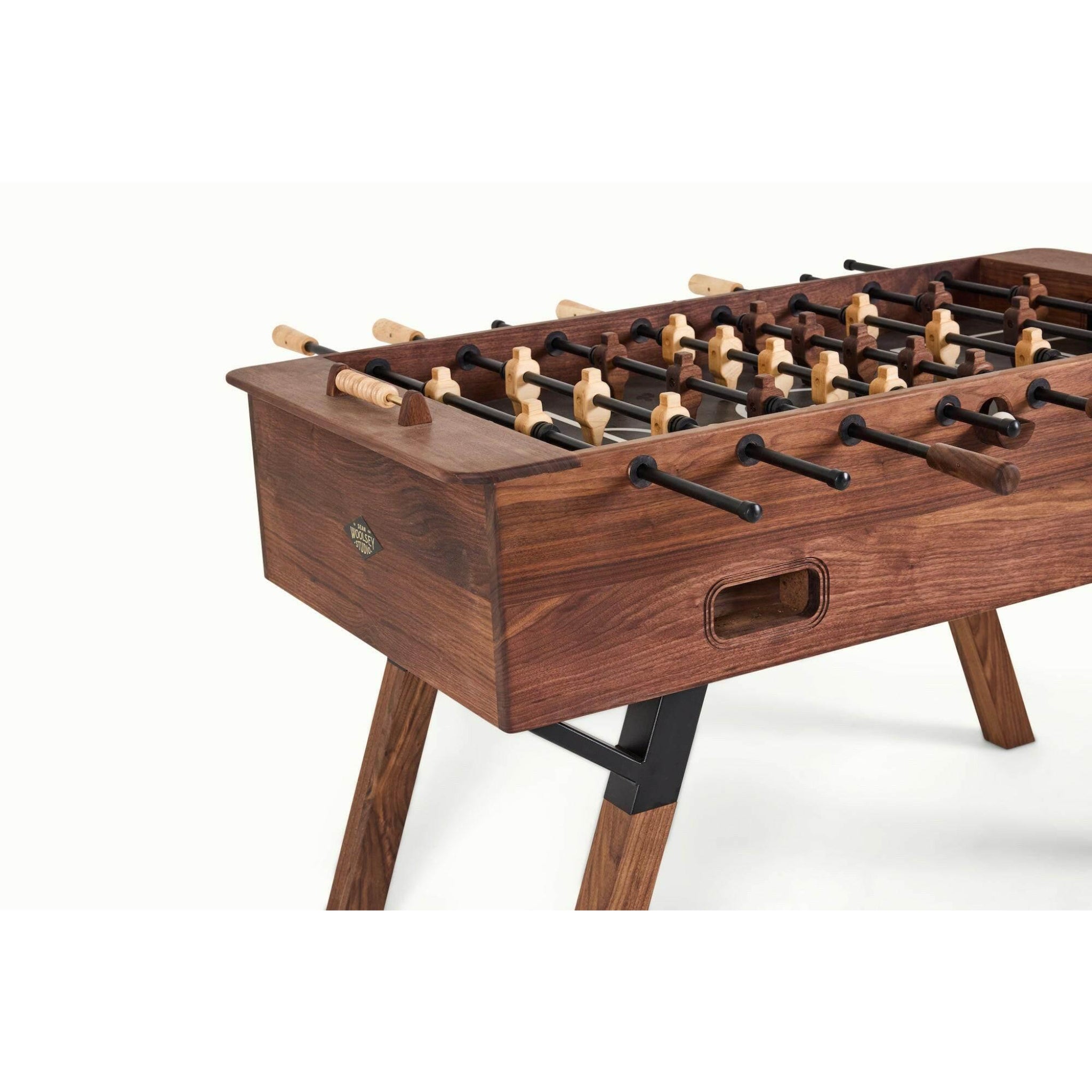Modern designer foosball table with walnut cabinet and black steel base