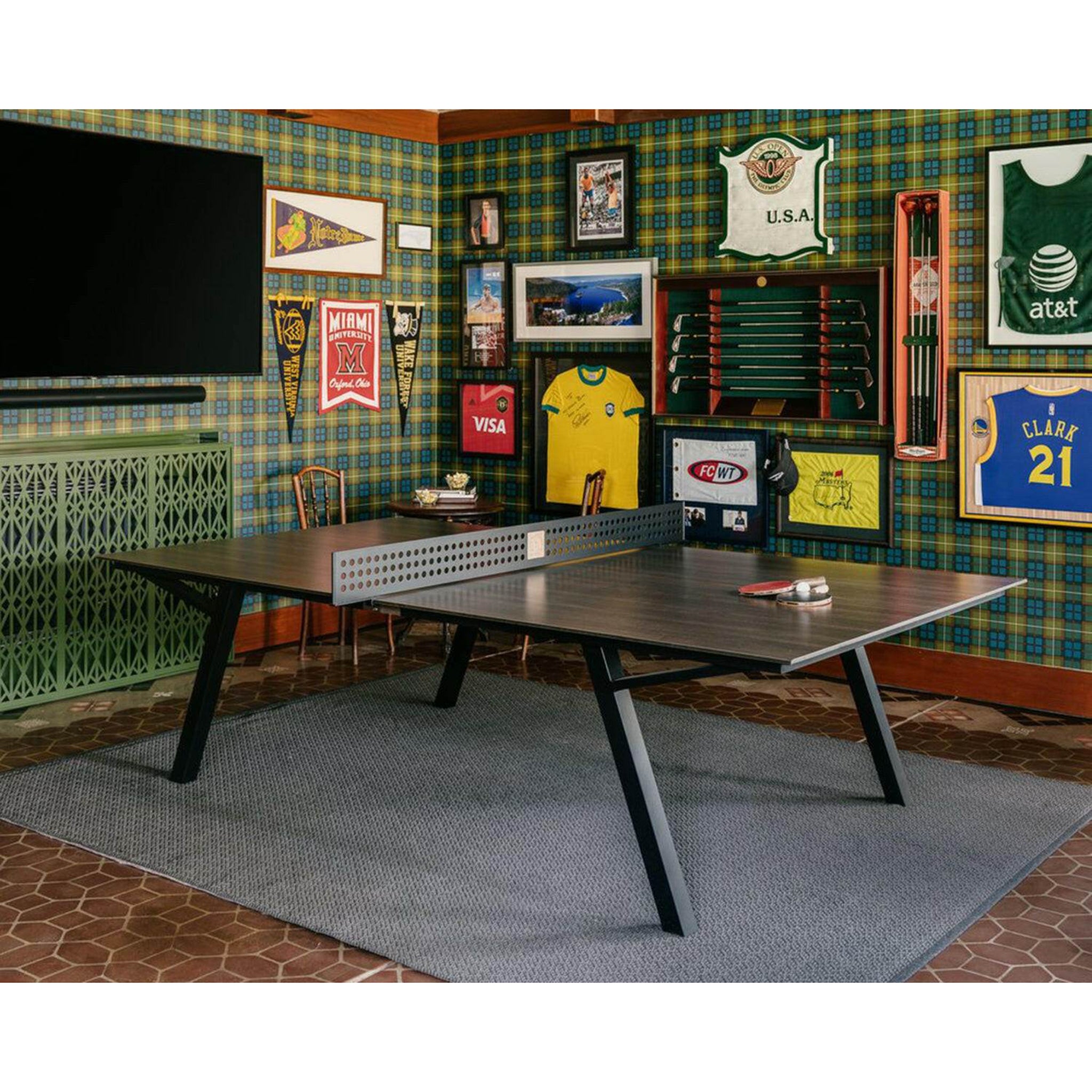 Indoor or outdoor game table for patio with removable net and dining table functionality
