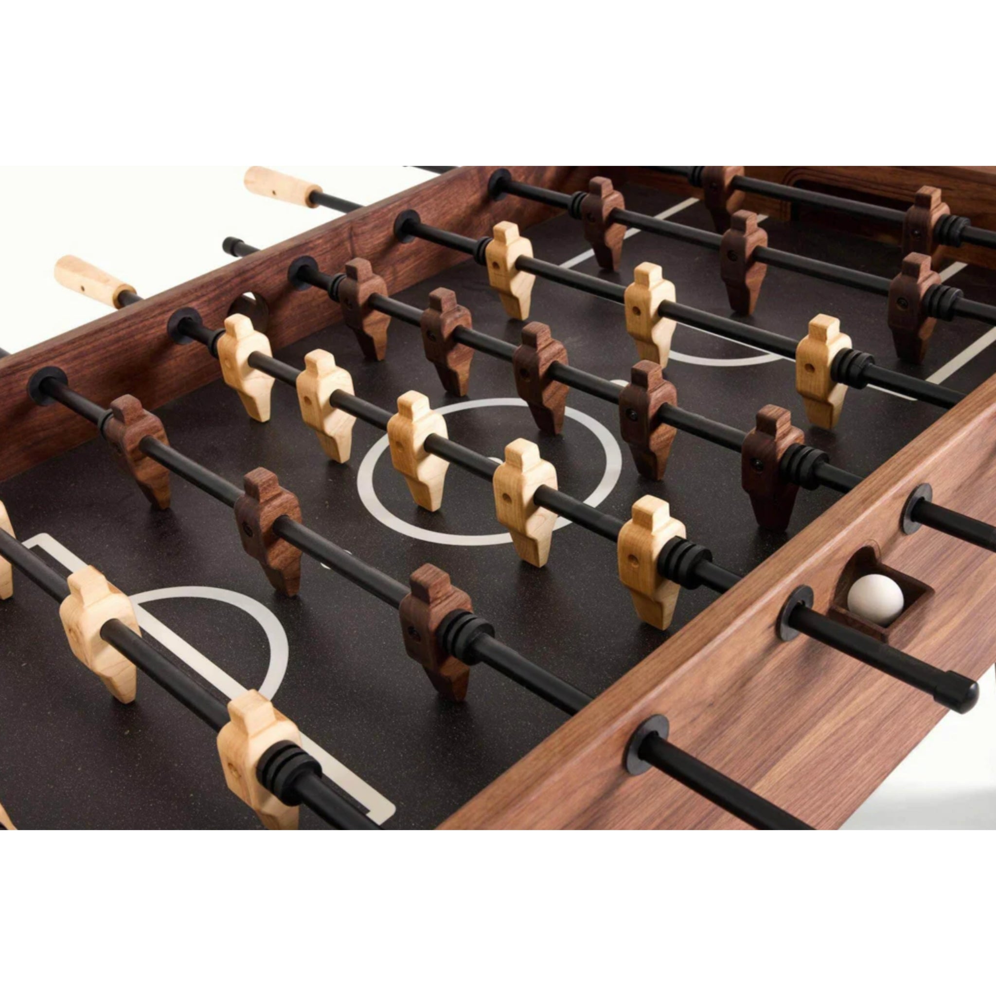 Detailed view of luxury foosball table handles and solid wood construction