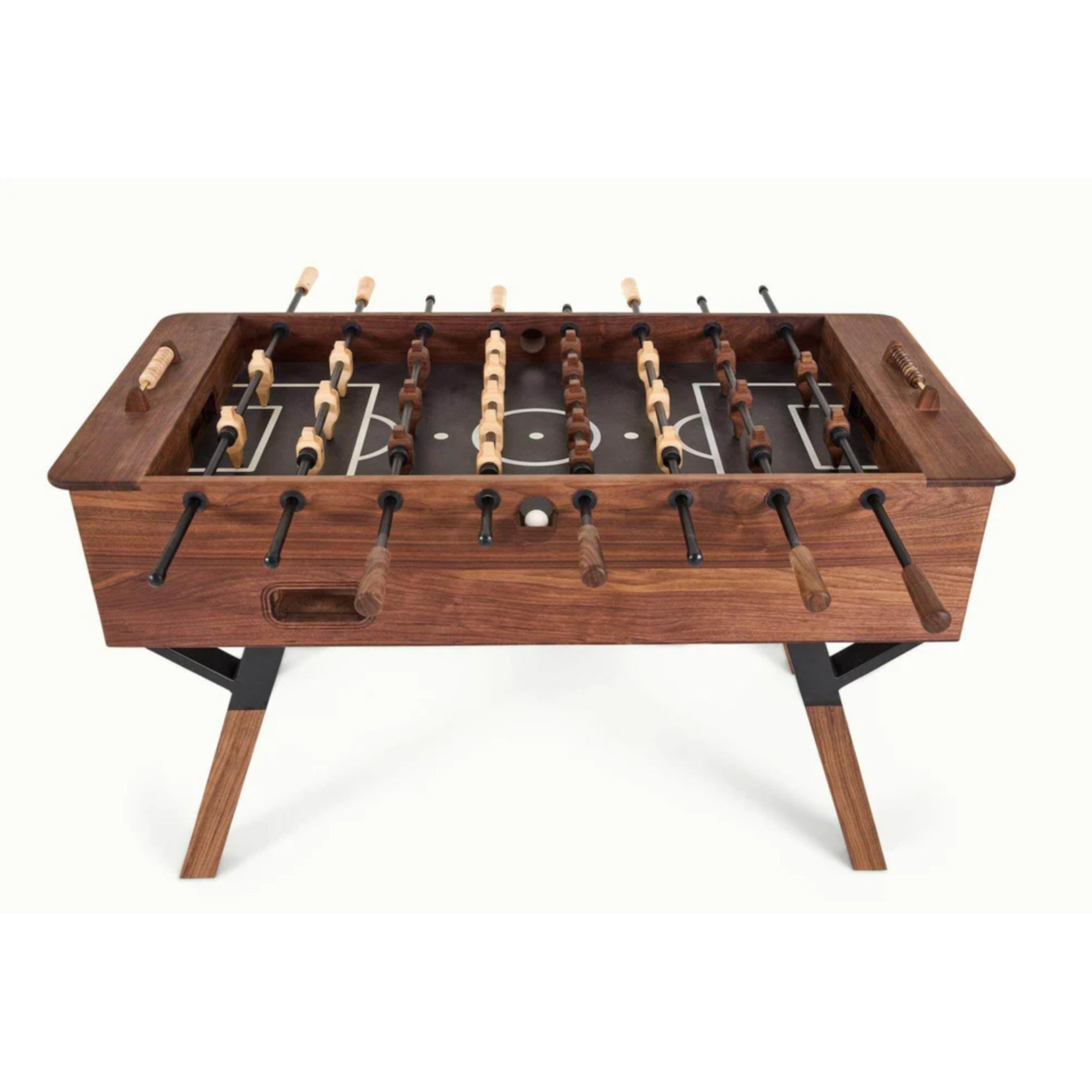 Premium foosball table playfield with custom wood players and metal rods