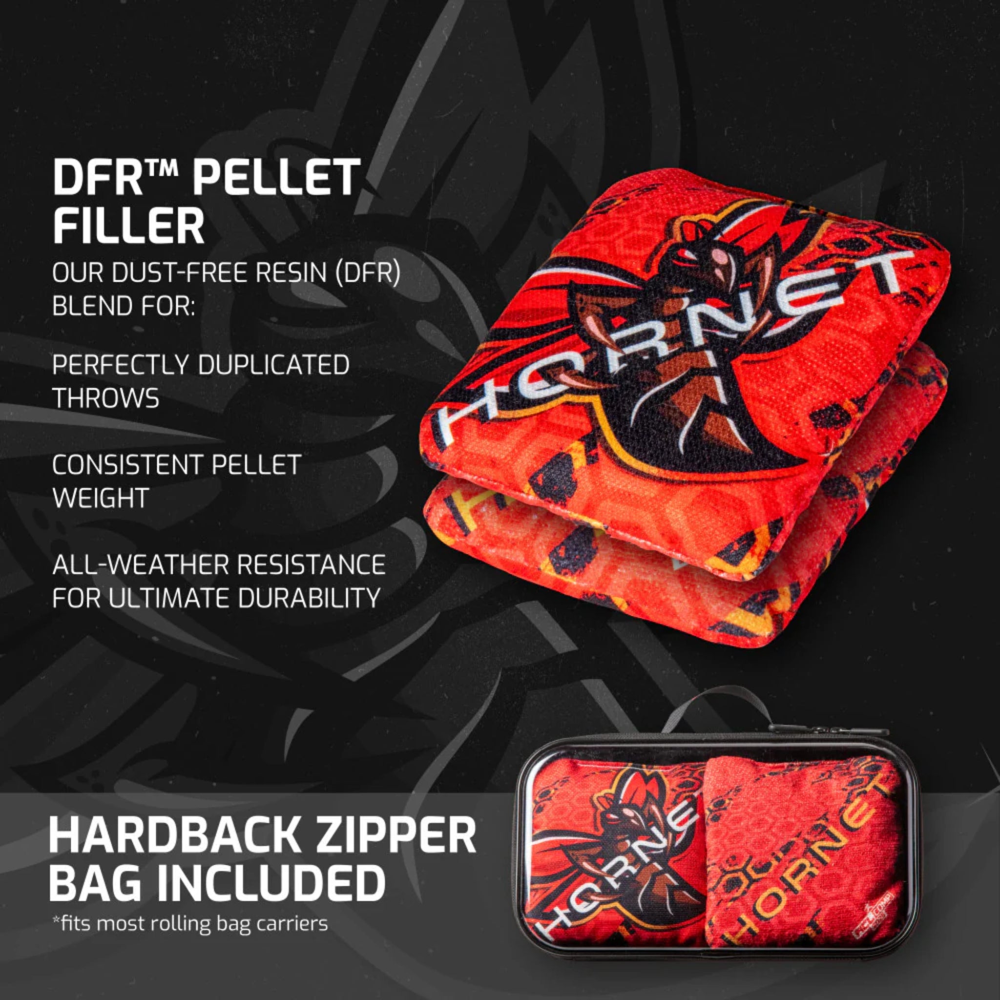 red Hornet cornhole bags 4 pack with hardback zipper case