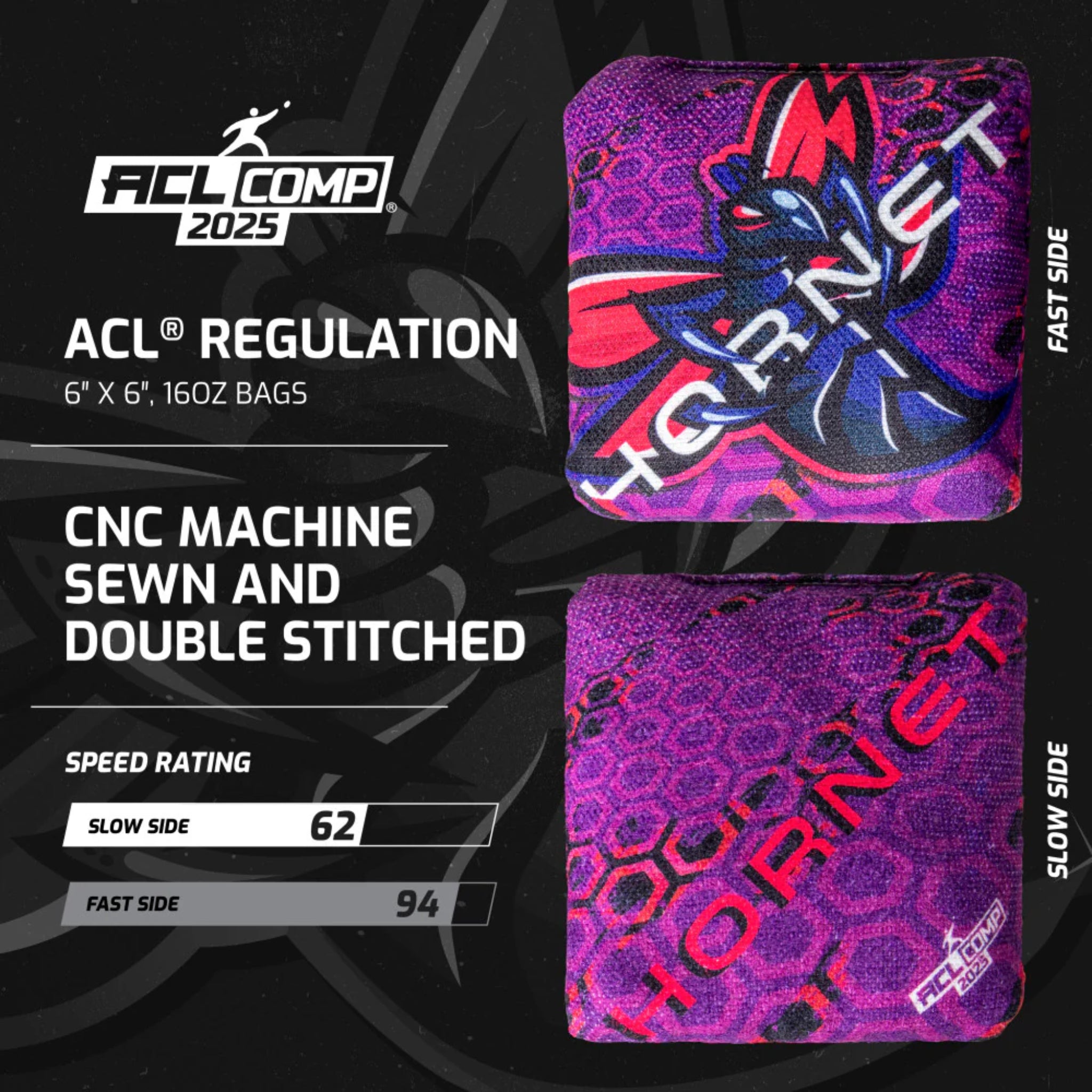 purple Hornet cornhole bags ACL COMP certified with DFR pellet fill