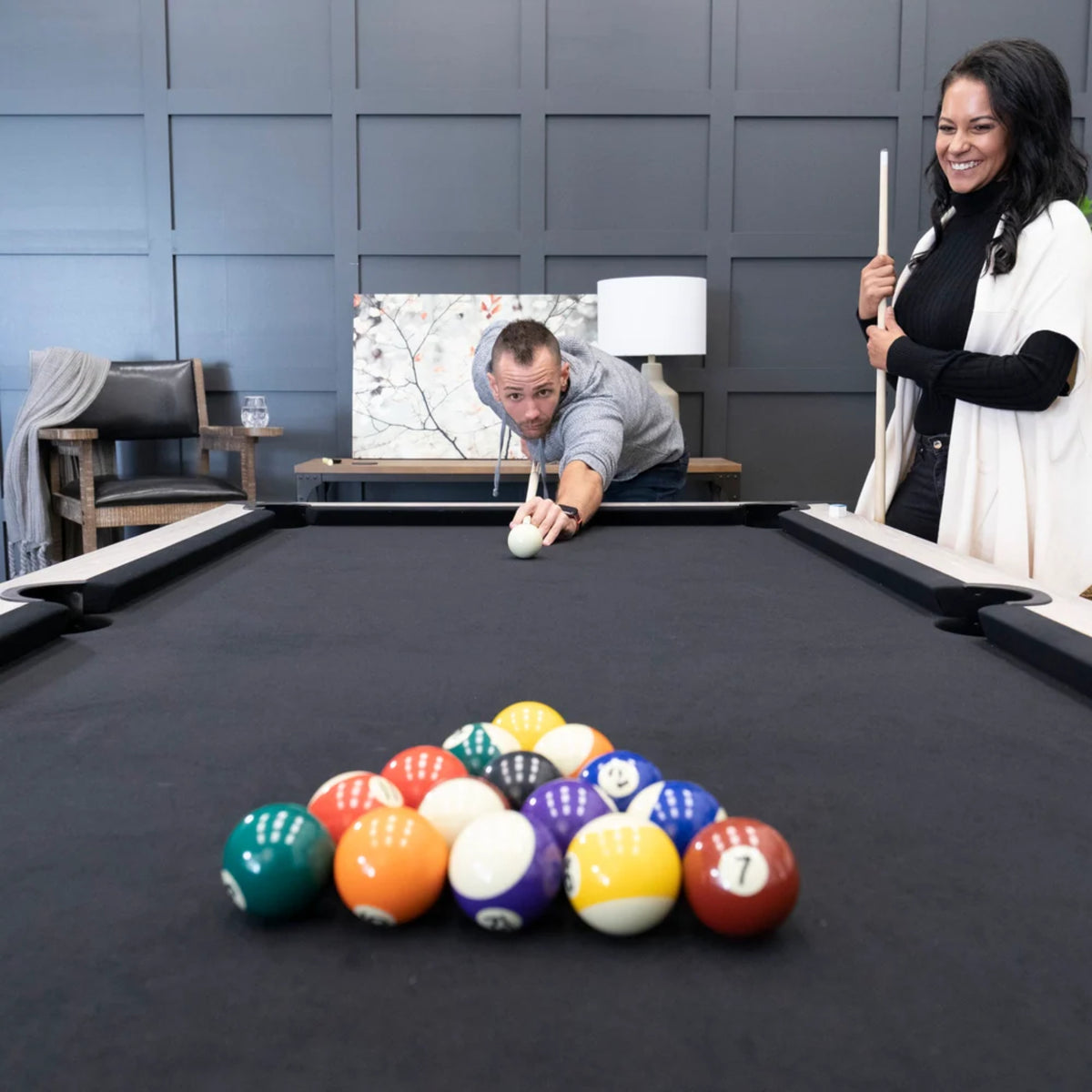 American Legend Kirkwood 90-inch pool table with weathered gray cabinet, black felt, and modern rustic design