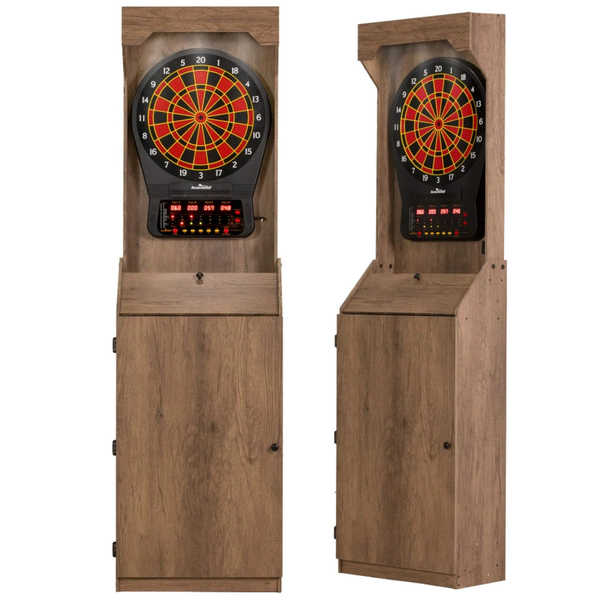 Arachnid Cricket Pro 650 freestanding electronic dartboard arcade cabinet in rustic tan wood grain finish