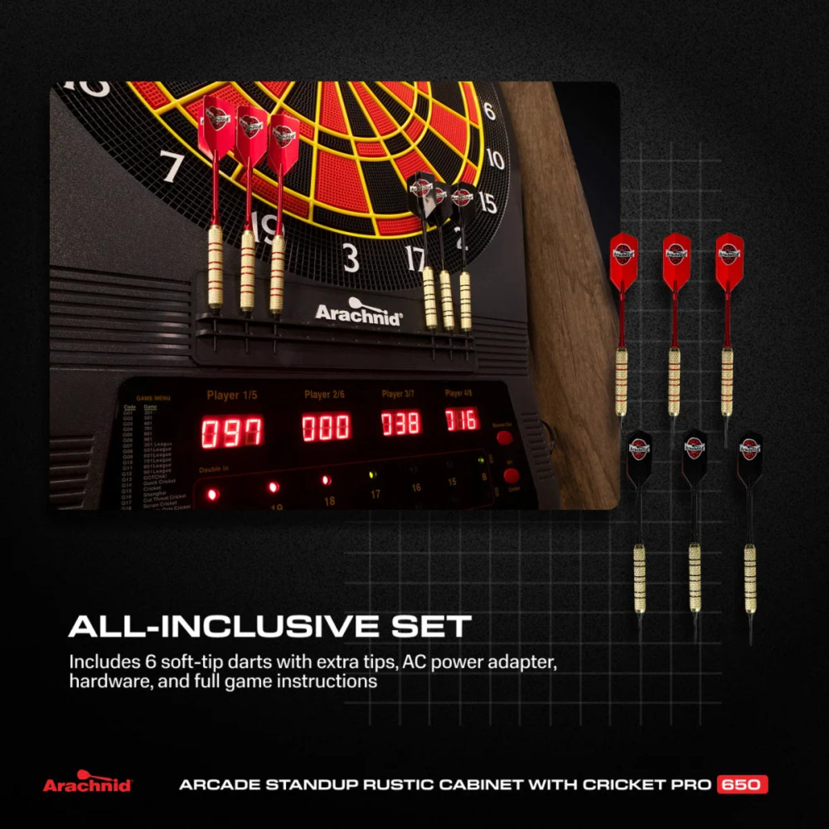 Close-up of Arachnid Cricket Pro 650 LED scoring panel and electronic dartboard controls