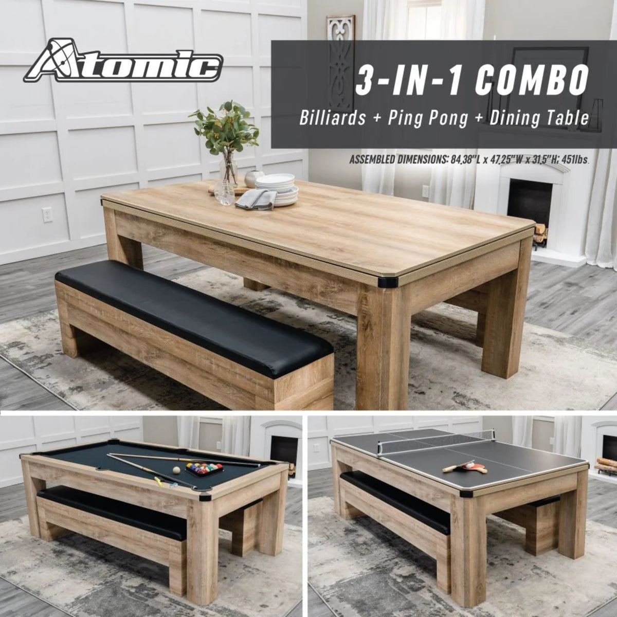 Atomic Hampton 7-foot pool table with black billiard cloth and distressed white oak cabinet