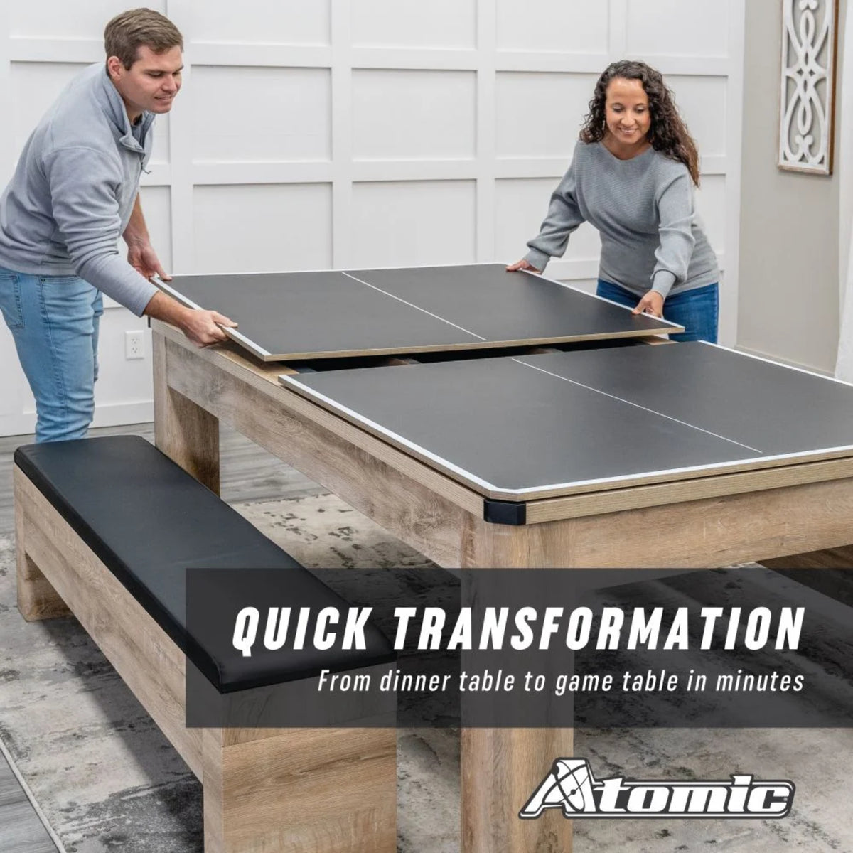 Atomic Hampton 3-in-1 game table in white oak wood grain finish configured for table tennis