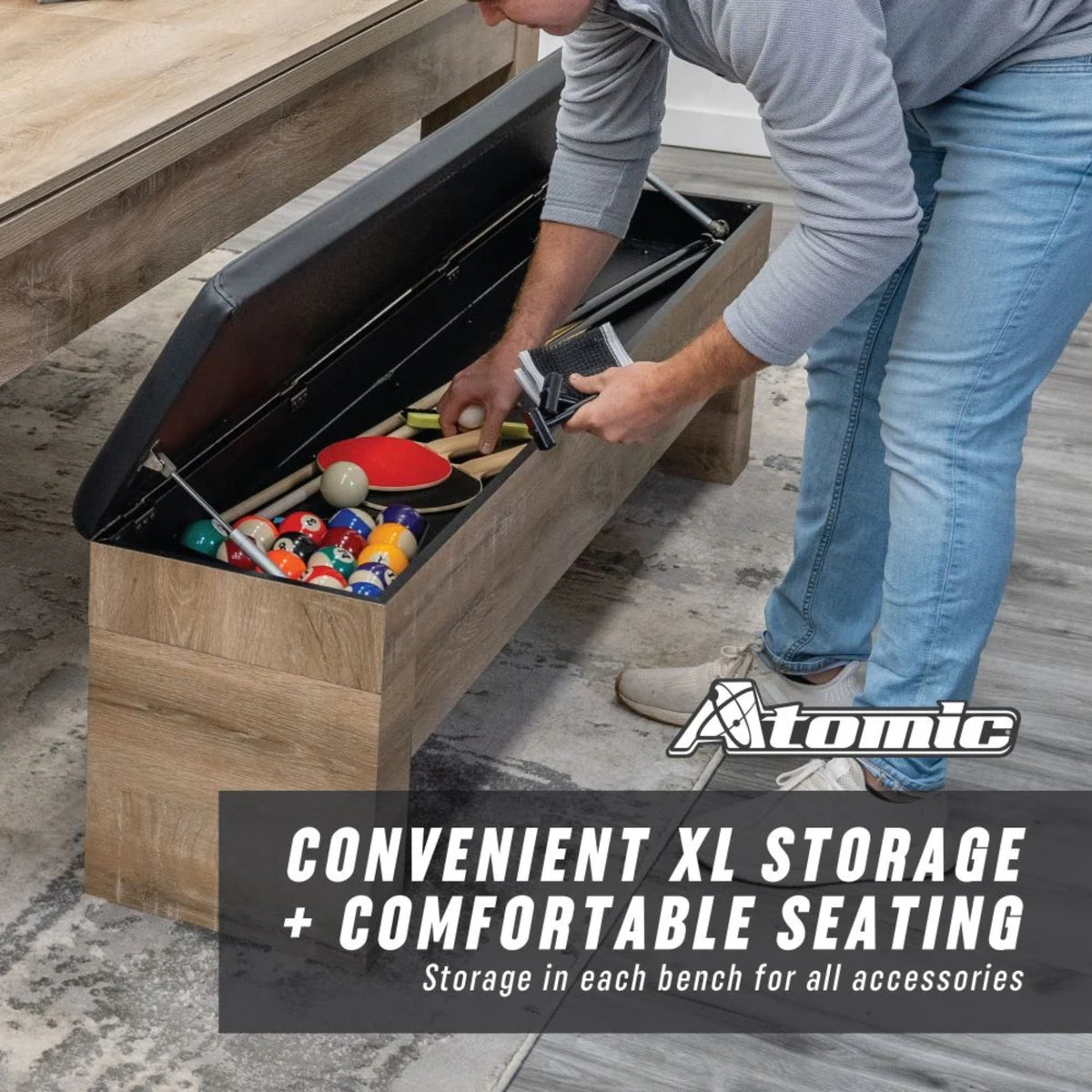 Atomic Hampton upholstered flip-top storage bench with concealed compartment for billiards accessories