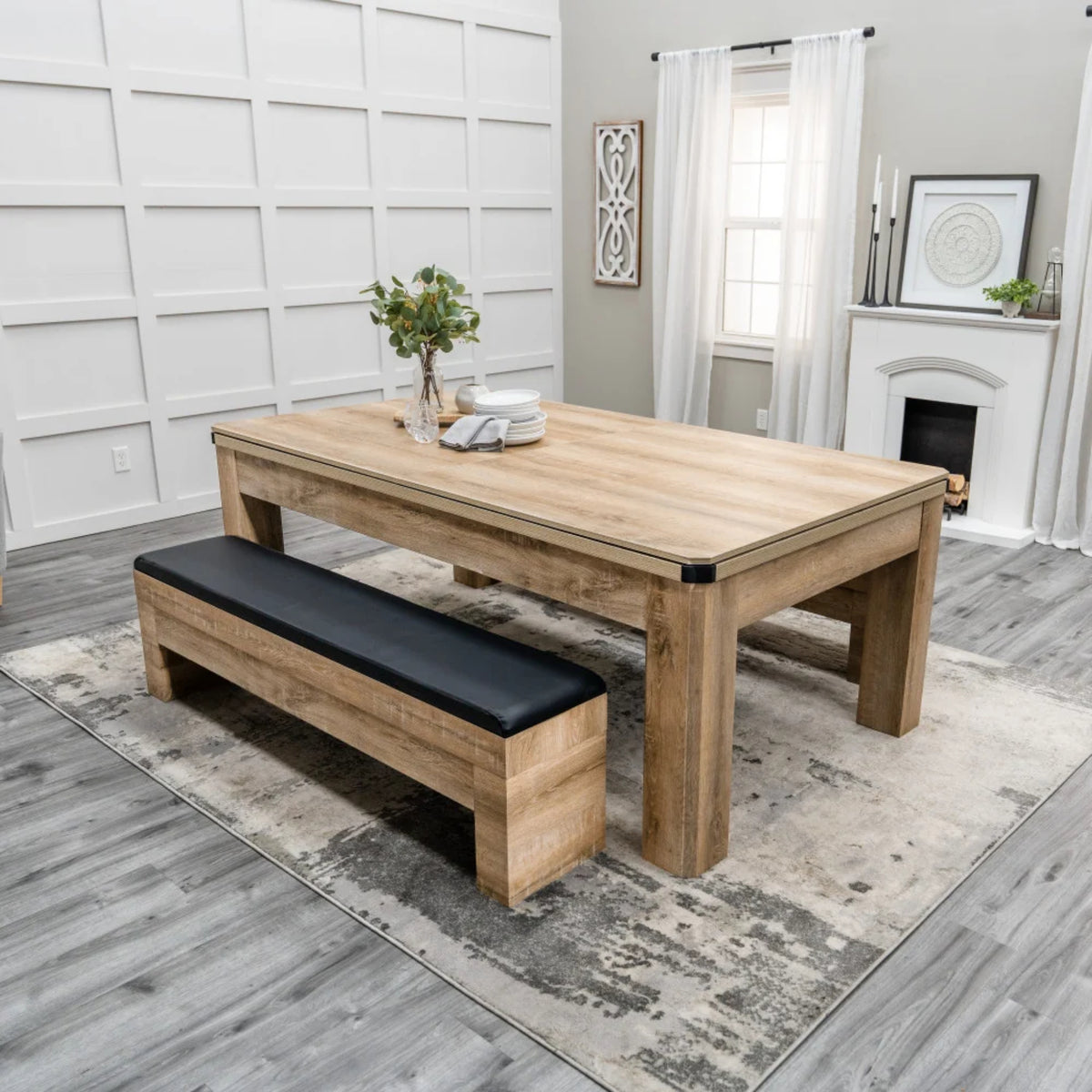 Atomic Hampton 3-in-1 game table converted into a dining table with upholstered storage benches