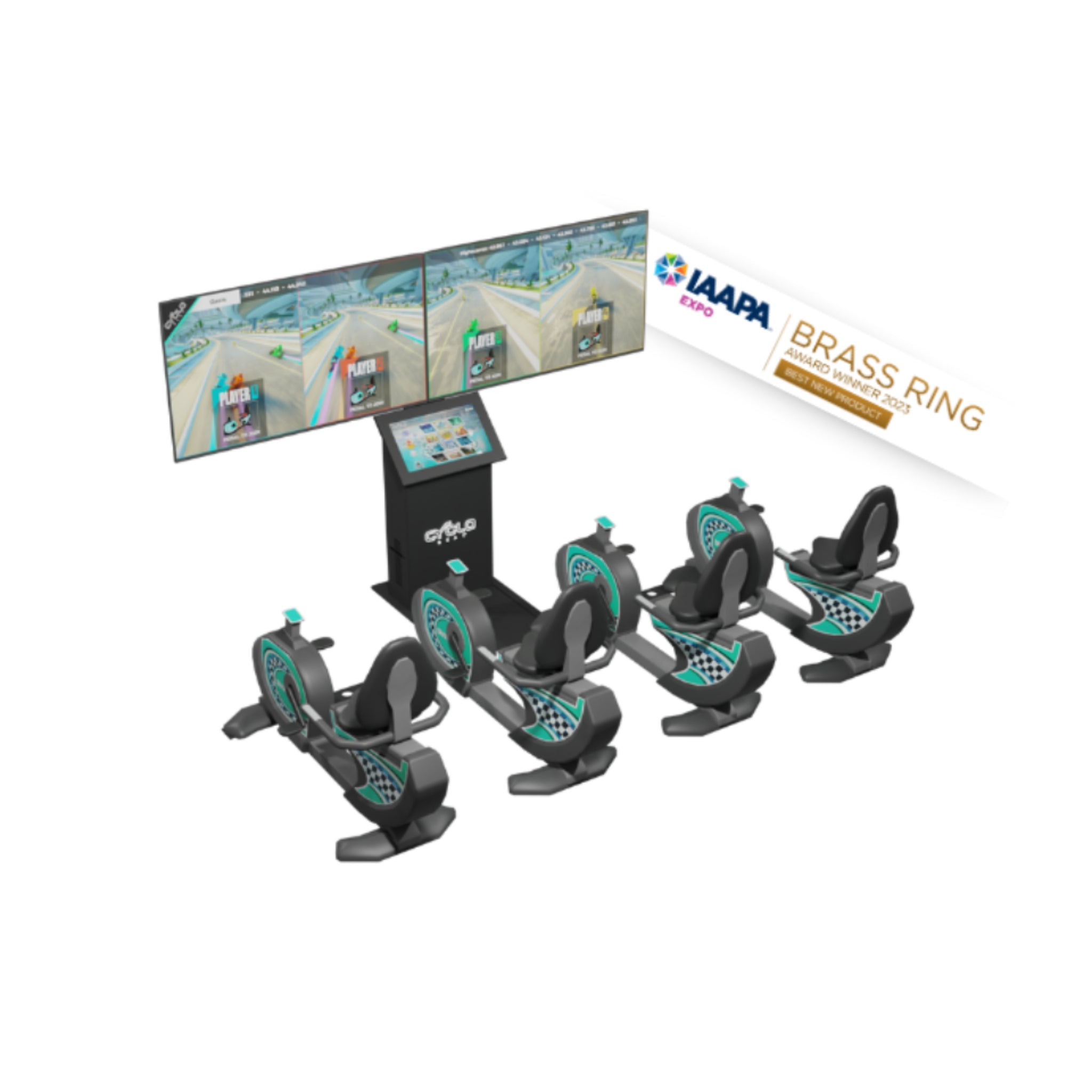 cycloBEAT 3.0 interactive cycling gaming system with dual screens and recumbent bikes