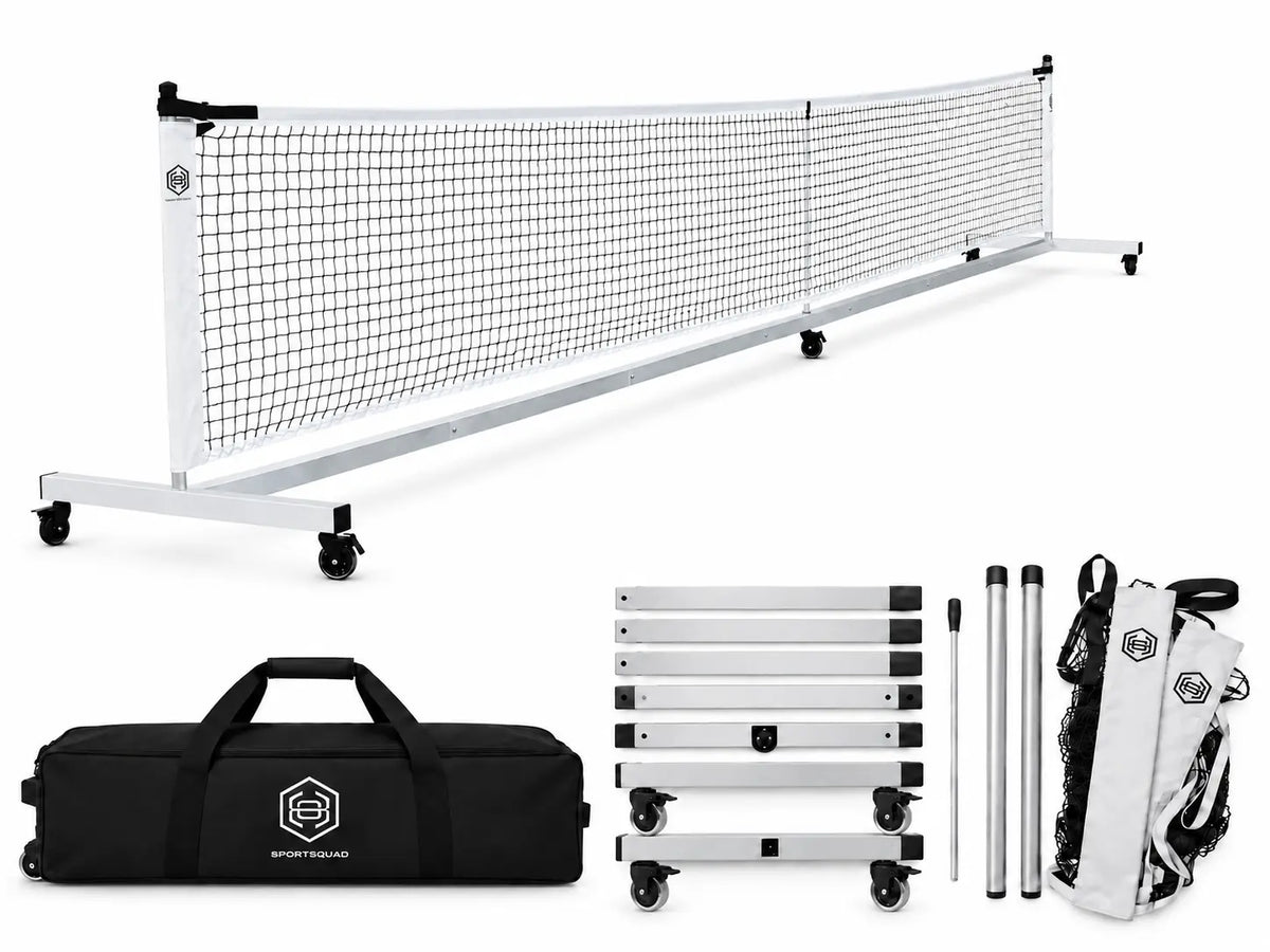Dominator 22-foot regulation portable pickleball net with aluminum frame, locking caster wheels, weather-resistant net, removable posts, disassembled frame sections, and included rolling carry bag for transport and storage.