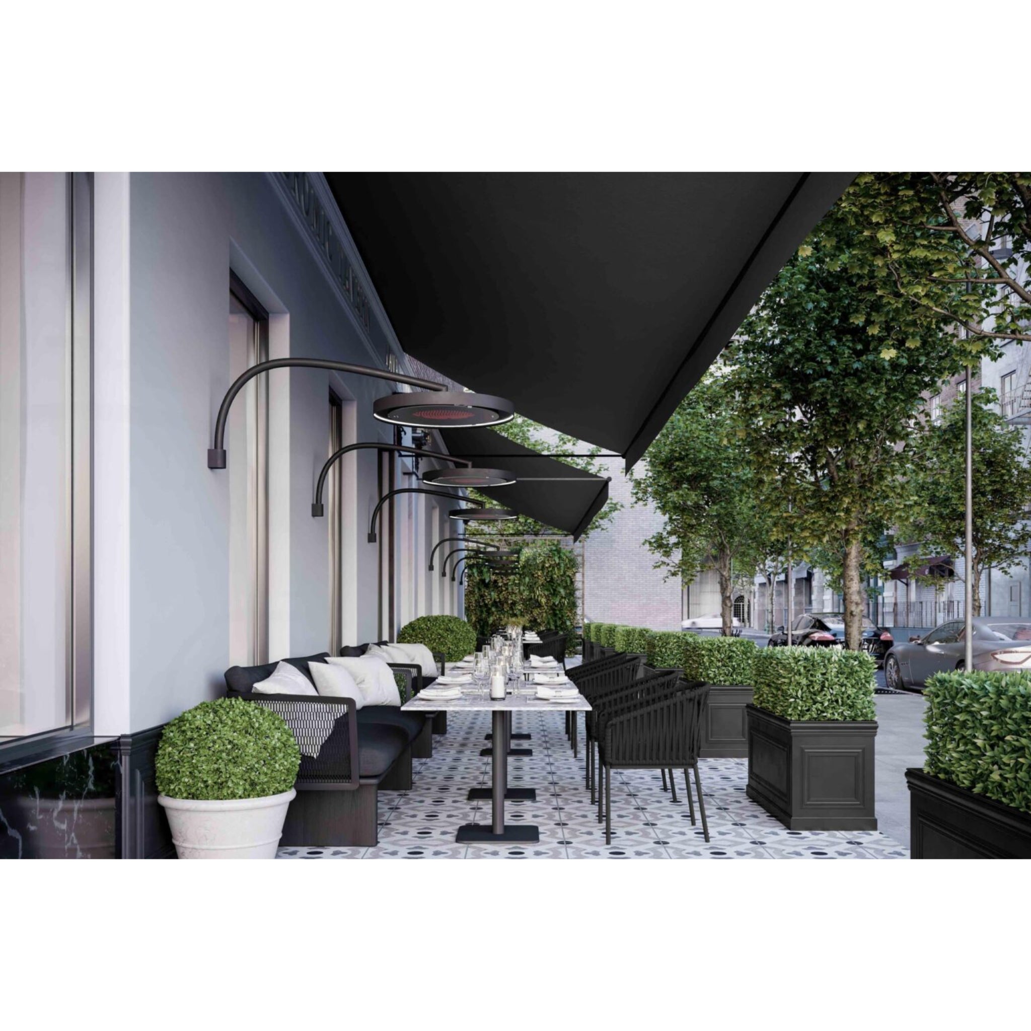 Bromic Eclipse Smart-Heat Electric heater ceiling mounted over contemporary outdoor seating area