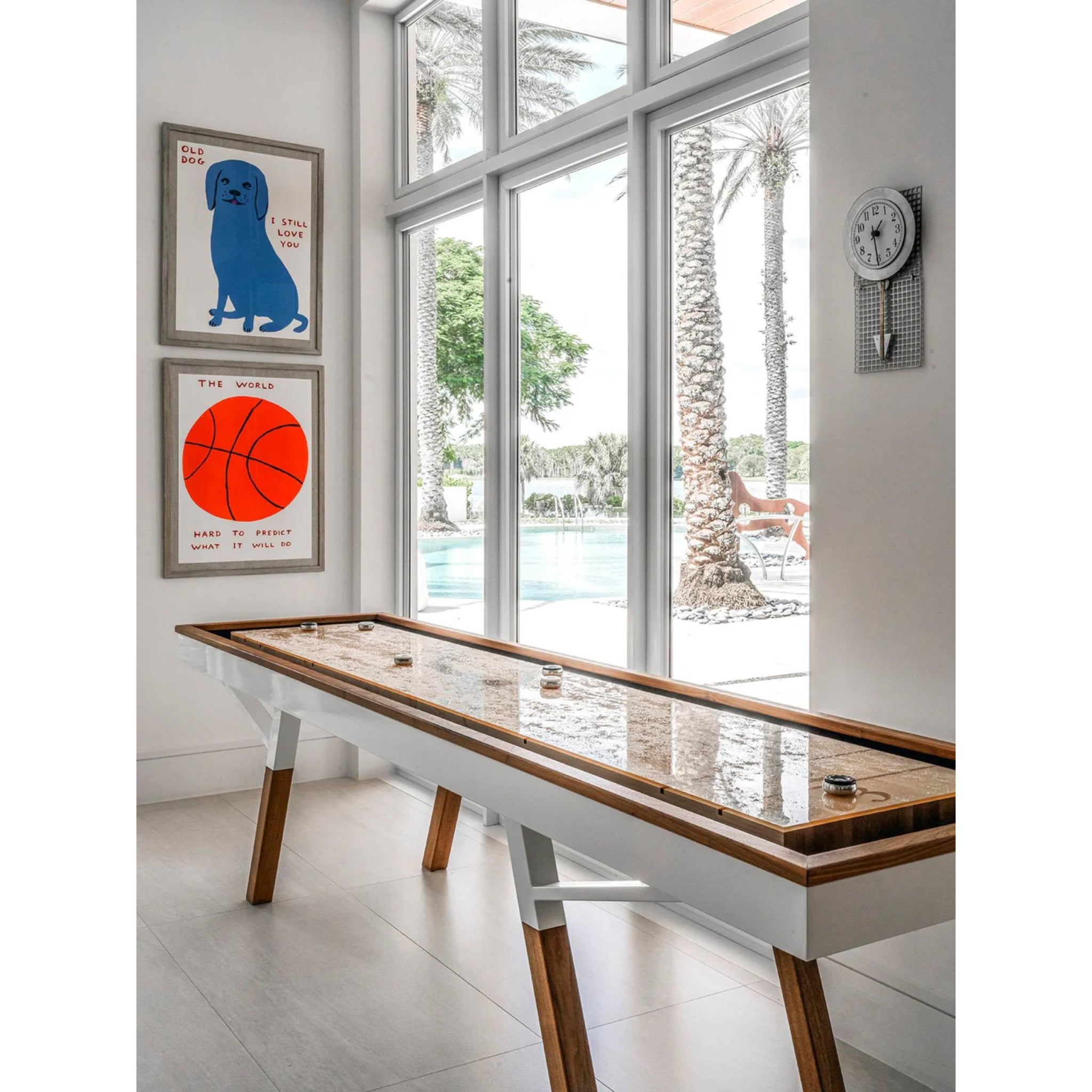 Woolsey indoor shuffleboard table in walnut with white powder coat base