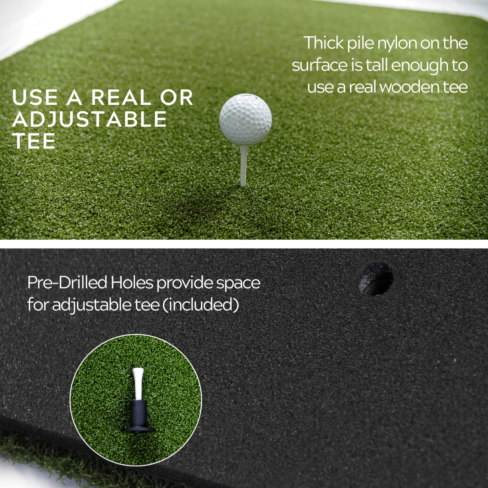 Country Club Elite golf hitting mat with pre-drilled holes and an adjustable rubber tee, showing both real and adjustable tee options