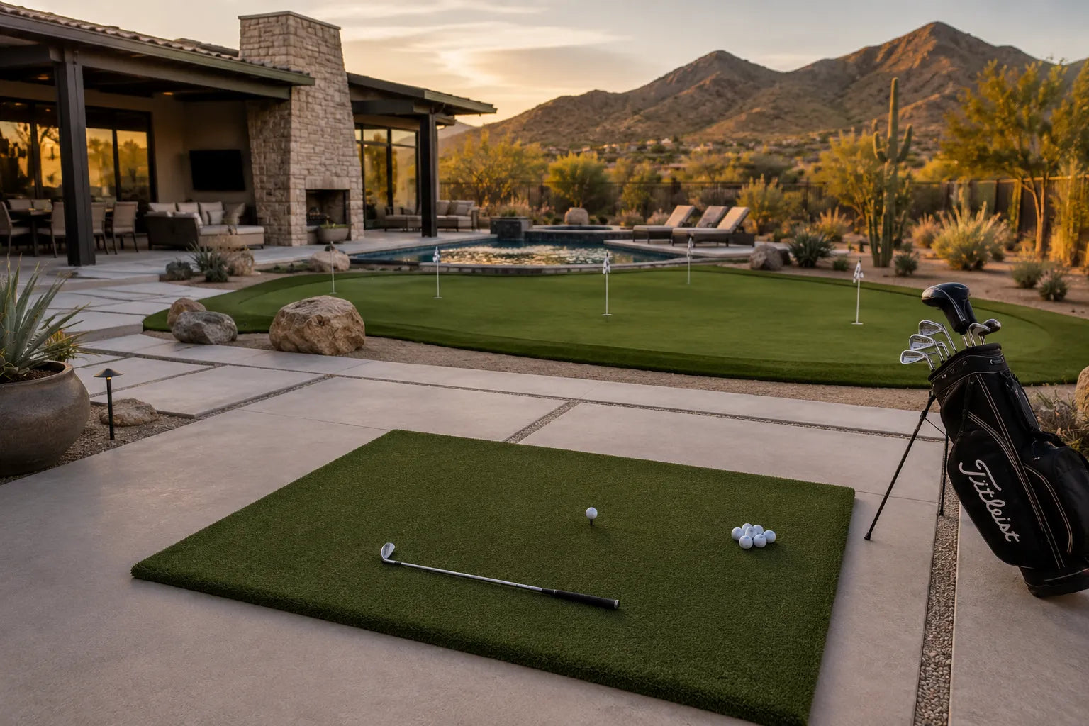 Real Feel golf practice hitting mat with a club and balls on a concrete patio leading to a multi-hole putting green and pool, showcasing premium luxury home amenities at a vacation rental property.
