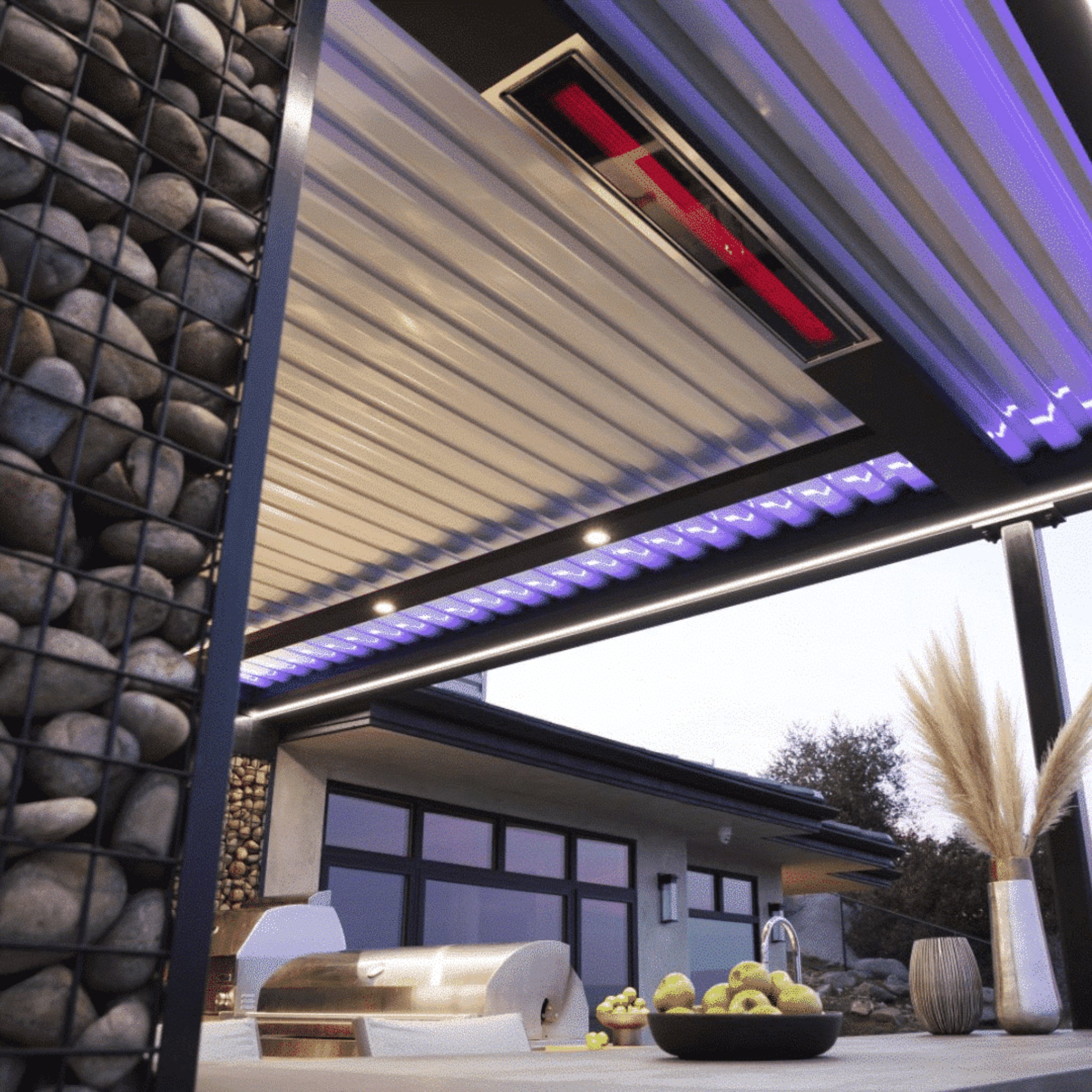 Modern outdoor kitchen with recessed Bromic Platinum electric patio heater