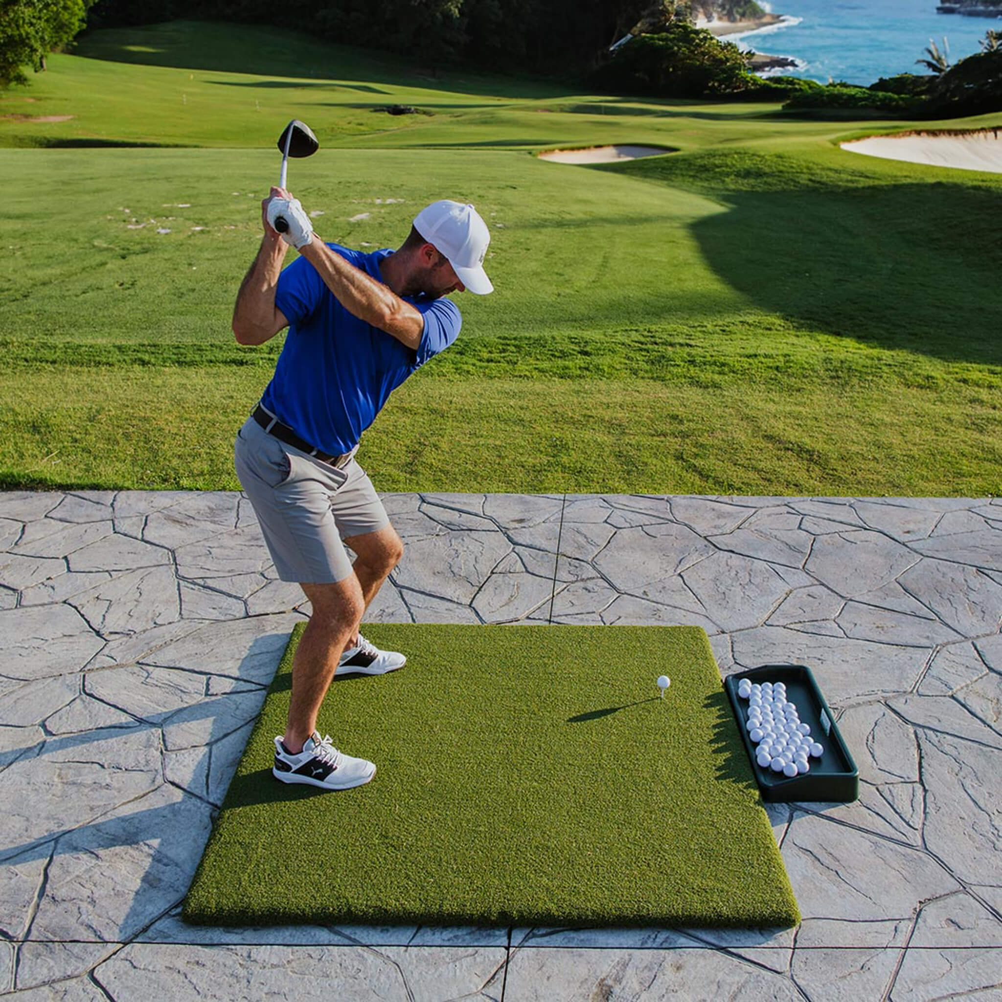 Country Club Elite golf hitting mat with real wooden tee, engineered with a Long Dense Fiber System that eliminates bounce and delivers true divot feedback, the best golf hitting mat for realistic driver practice