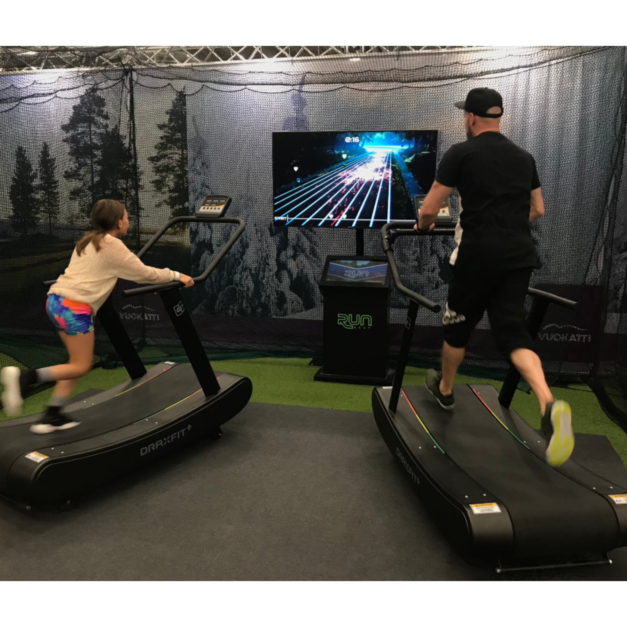 Commercial interactive running game system with non-motorized treadmills